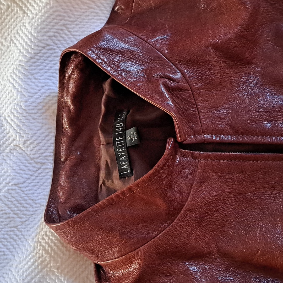 Lafayette 148 Womens Textured Saddle Brown Leather Jacket Zip/Snaps/Lined S-12 — image 8 of 8